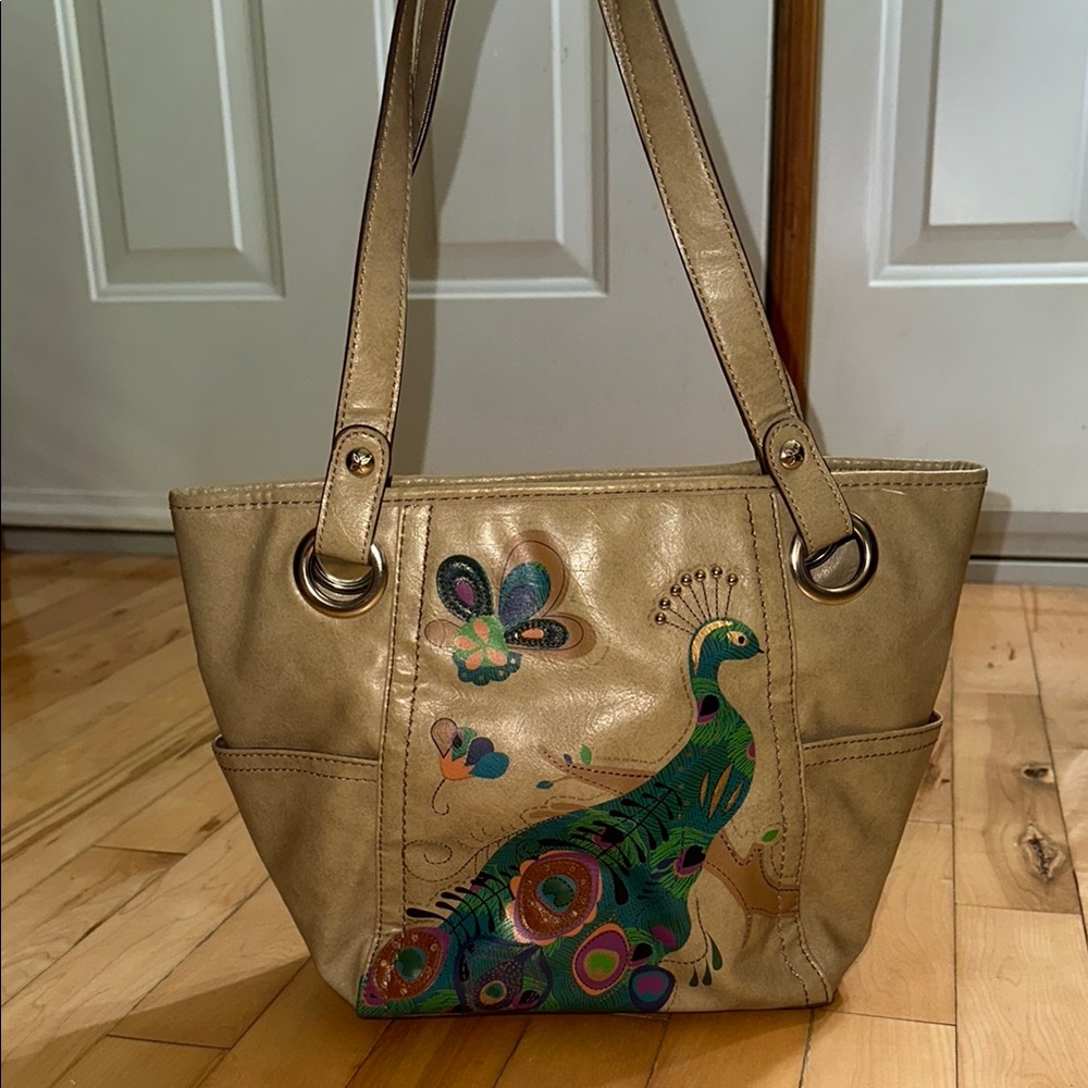 Relic Elegant Tan Peacock Embellished Tote Bag